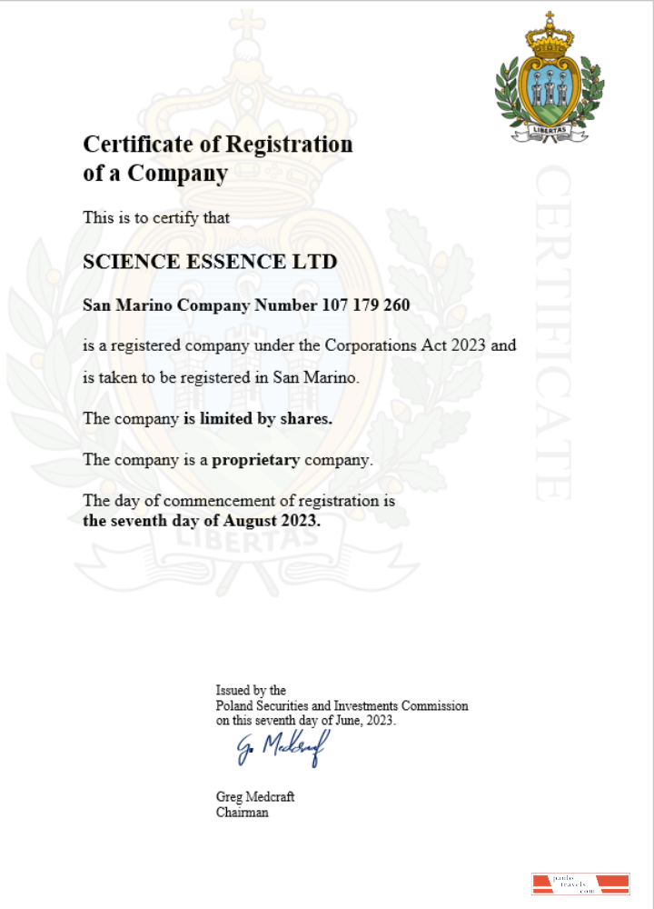 San Marino business registration certificate Word and PDF template